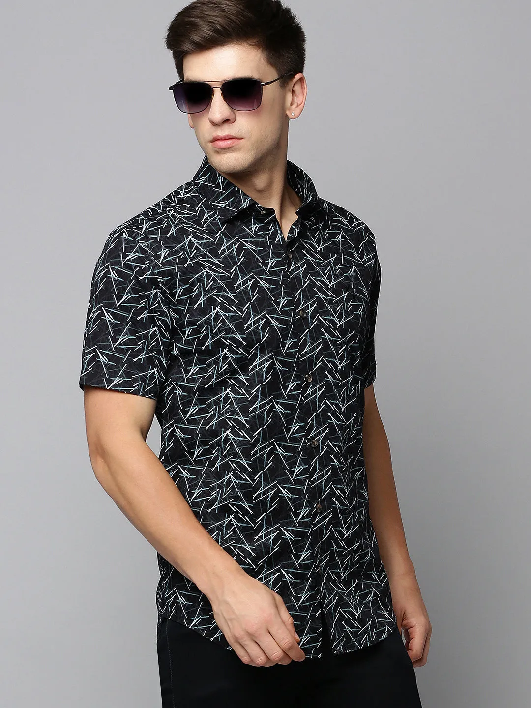 Men Black Comfort Abstract Printed Cotton Casual Shirt