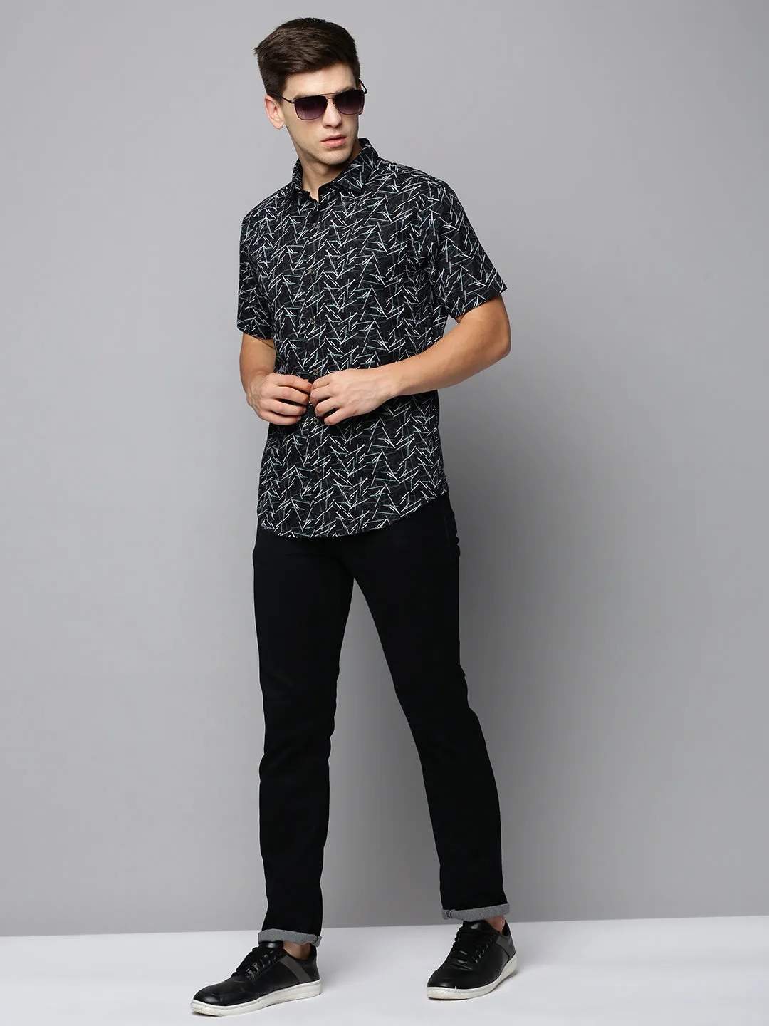 Men Black Comfort Abstract Printed Cotton Casual Shirt