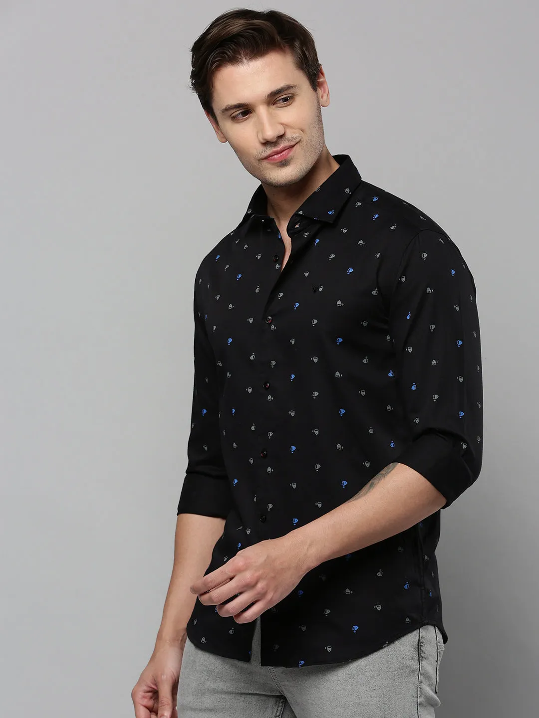 Men Black Comfort Micro Ditsy Printed Spread Collar Cotton Casual Shirt