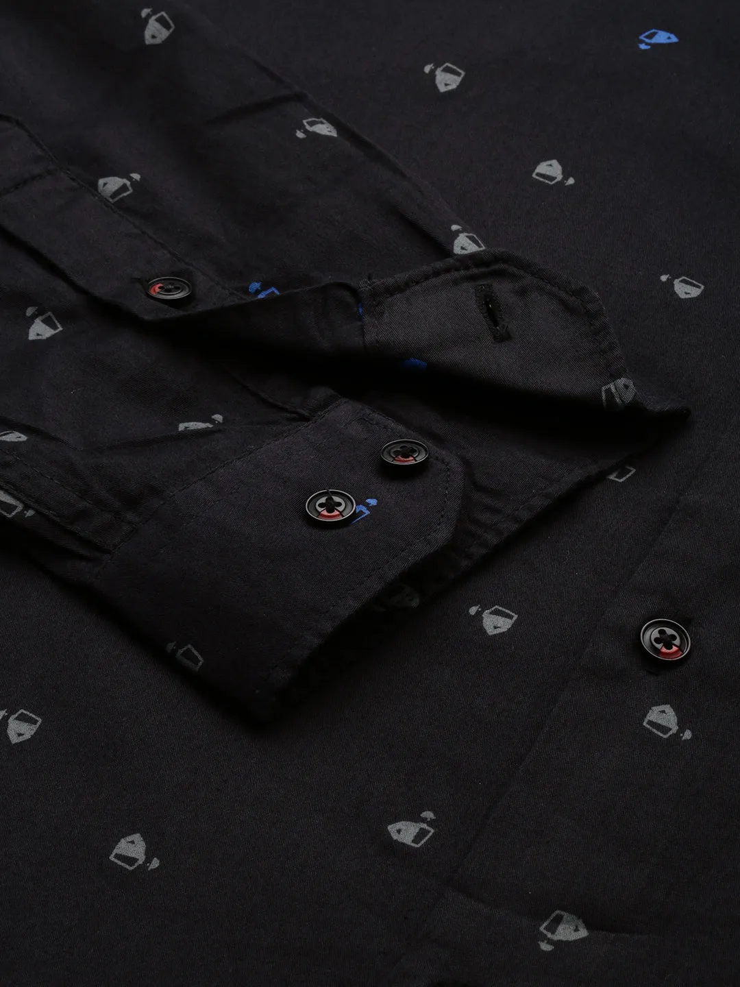 Men Black Comfort Micro Ditsy Printed Spread Collar Cotton Casual Shirt