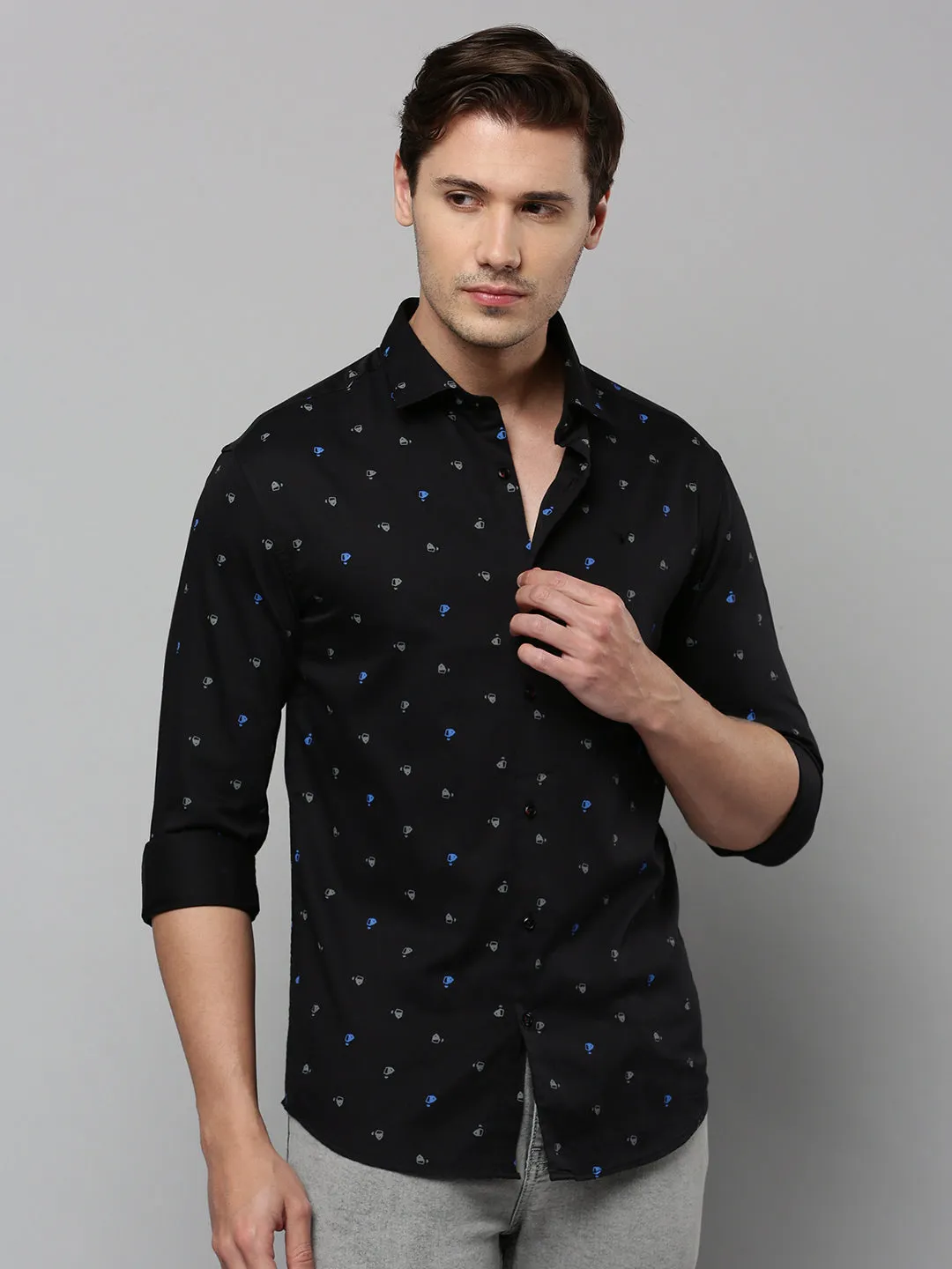 Men Black Comfort Micro Ditsy Printed Spread Collar Cotton Casual Shirt