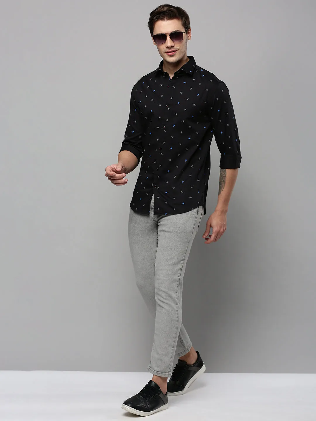 Men Black Comfort Micro Ditsy Printed Spread Collar Cotton Casual Shirt