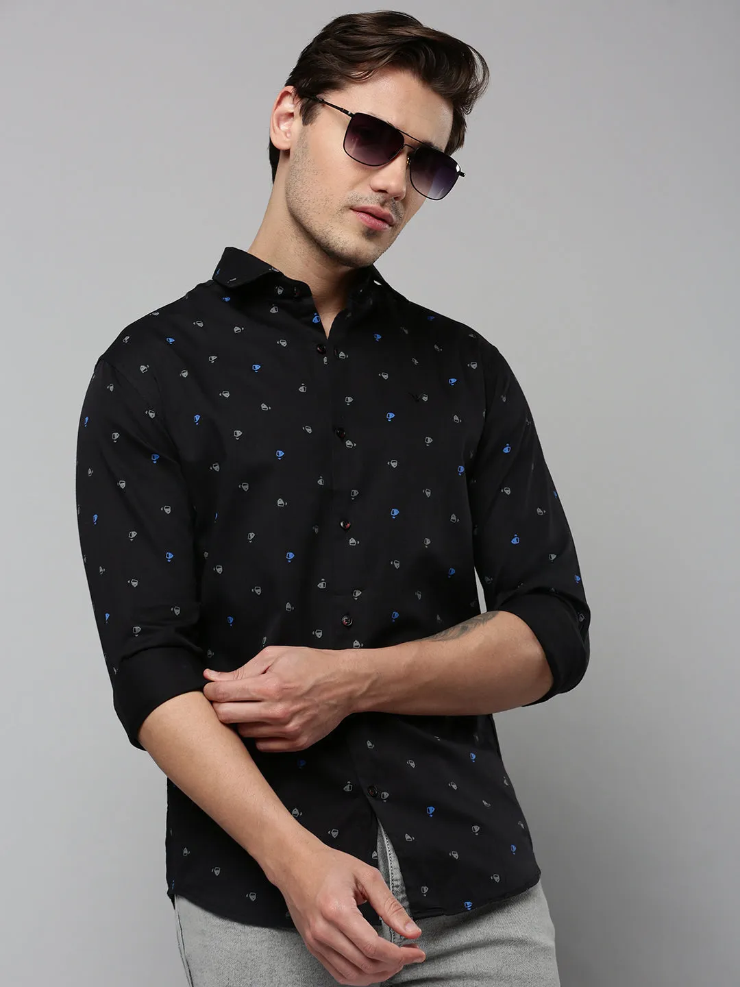 Men Black Comfort Micro Ditsy Printed Spread Collar Cotton Casual Shirt