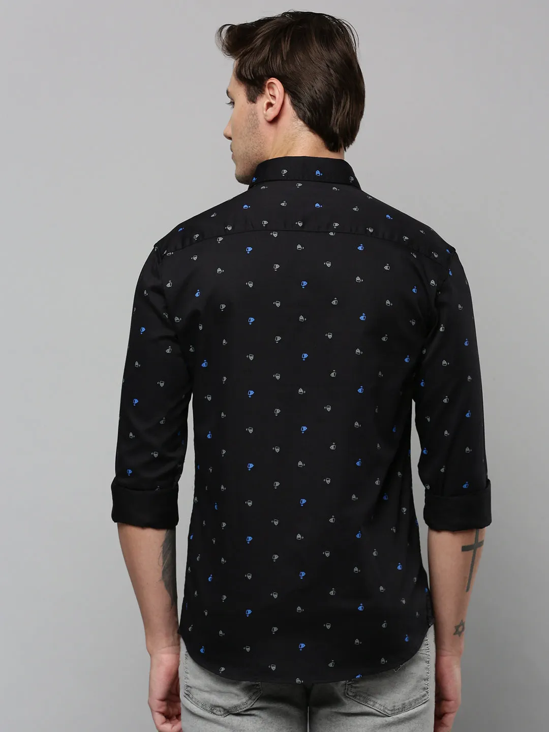 Men Black Comfort Micro Ditsy Printed Spread Collar Cotton Casual Shirt