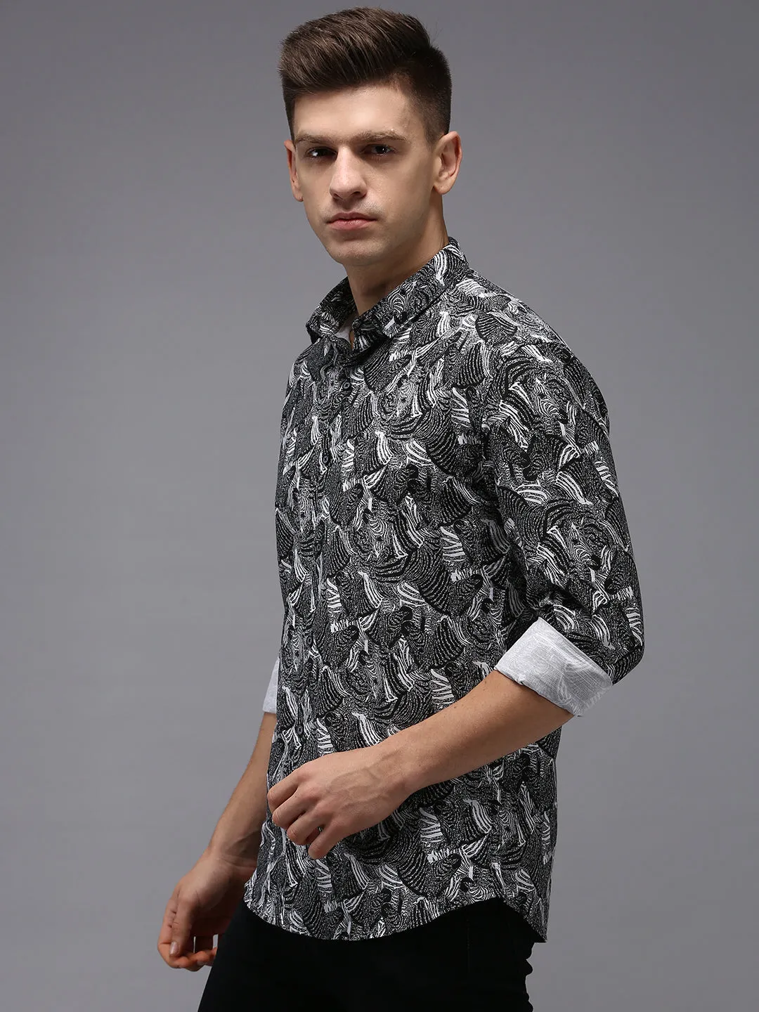 Men Black Comfort Printed Cotton Casual Shirt