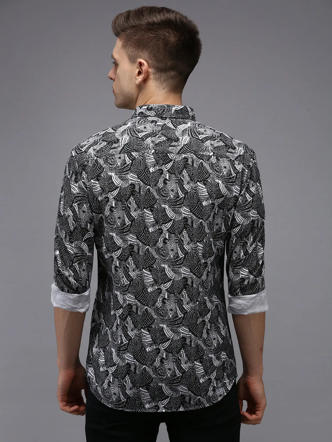 Men Black Comfort Printed Cotton Casual Shirt