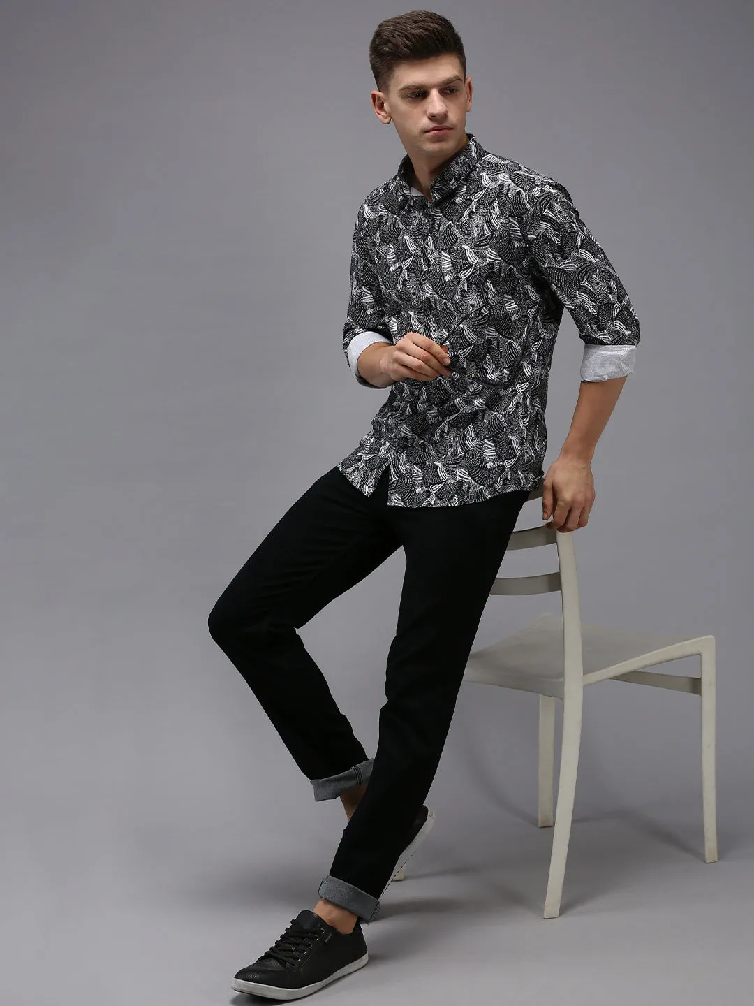 Men Black Comfort Printed Cotton Casual Shirt