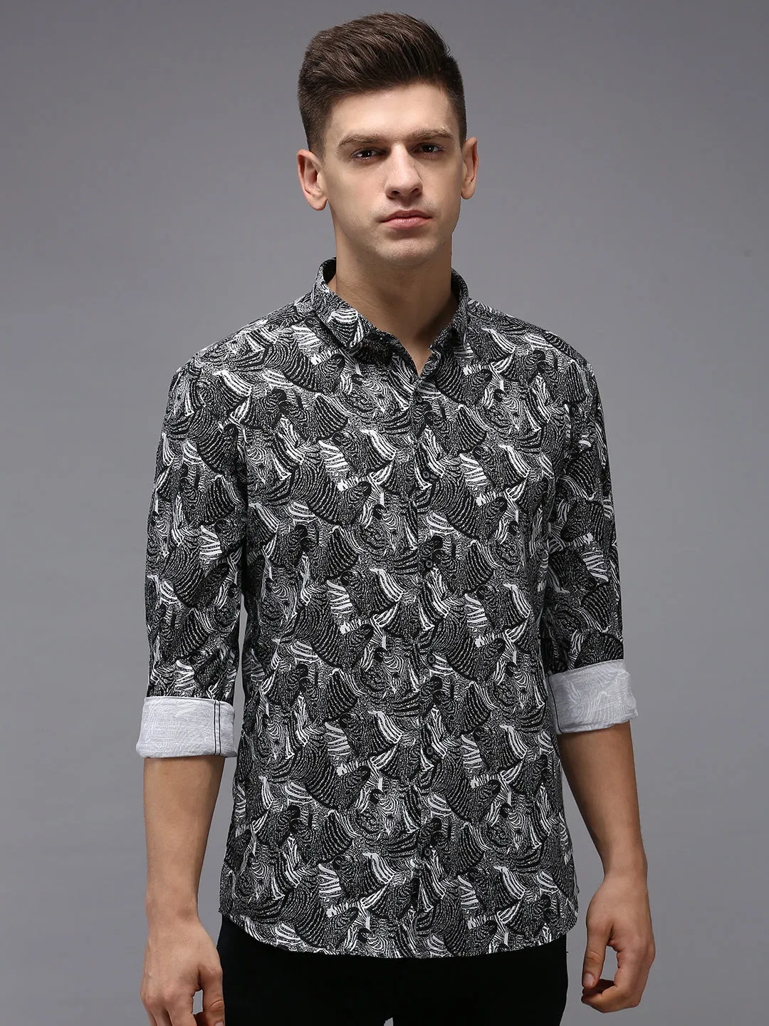 Men Black Comfort Printed Cotton Casual Shirt