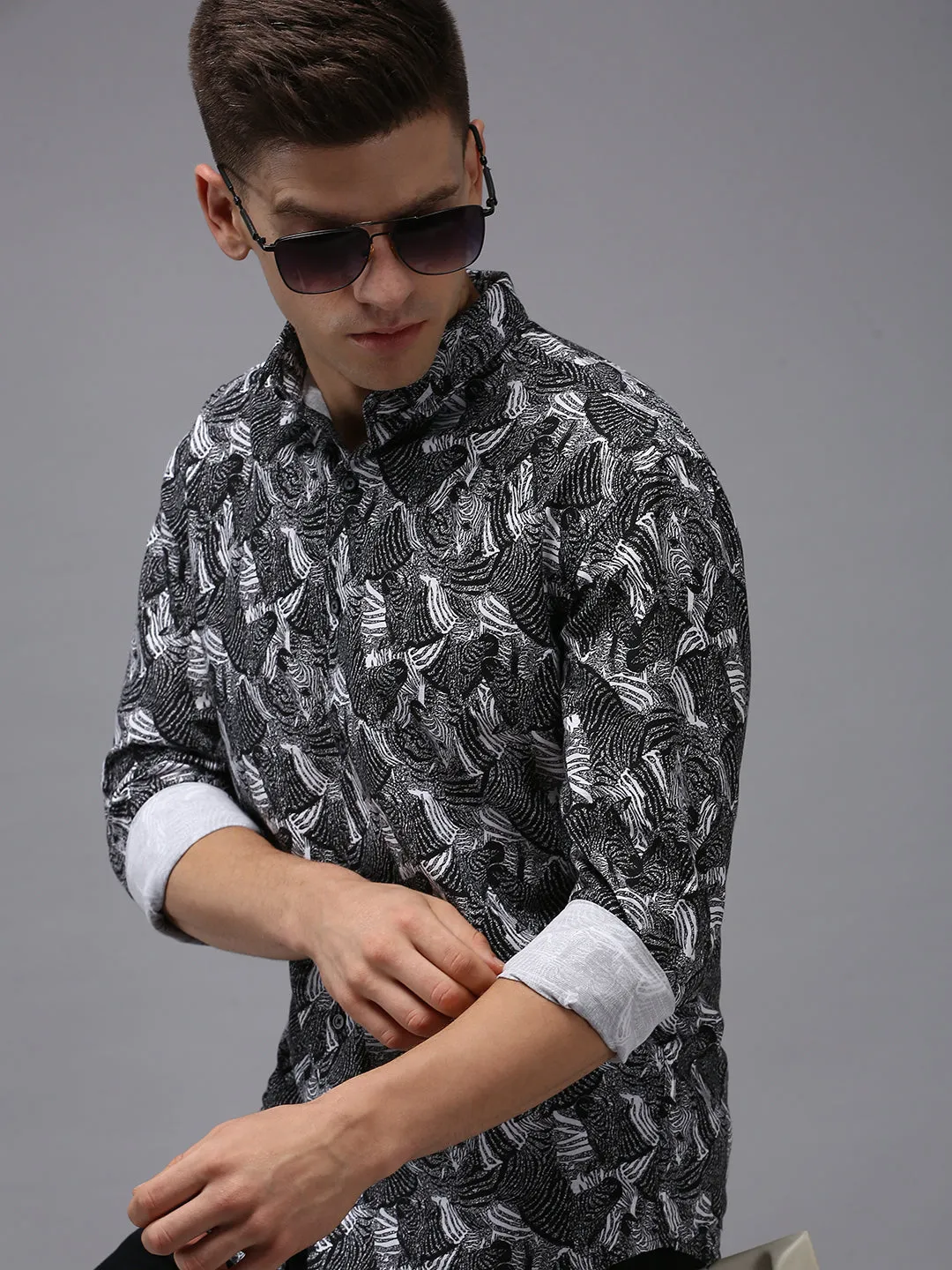 Men Black Comfort Printed Cotton Casual Shirt