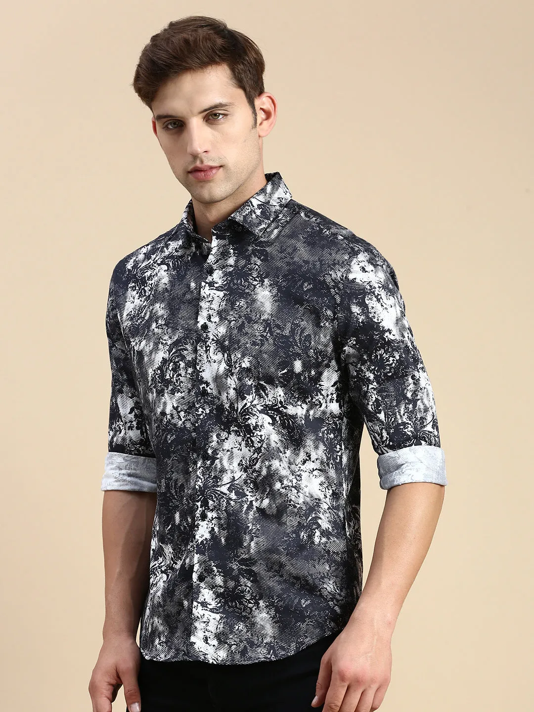 Men Black Comfort Slim Fit Floral Printed Cotton Casual Shirt
