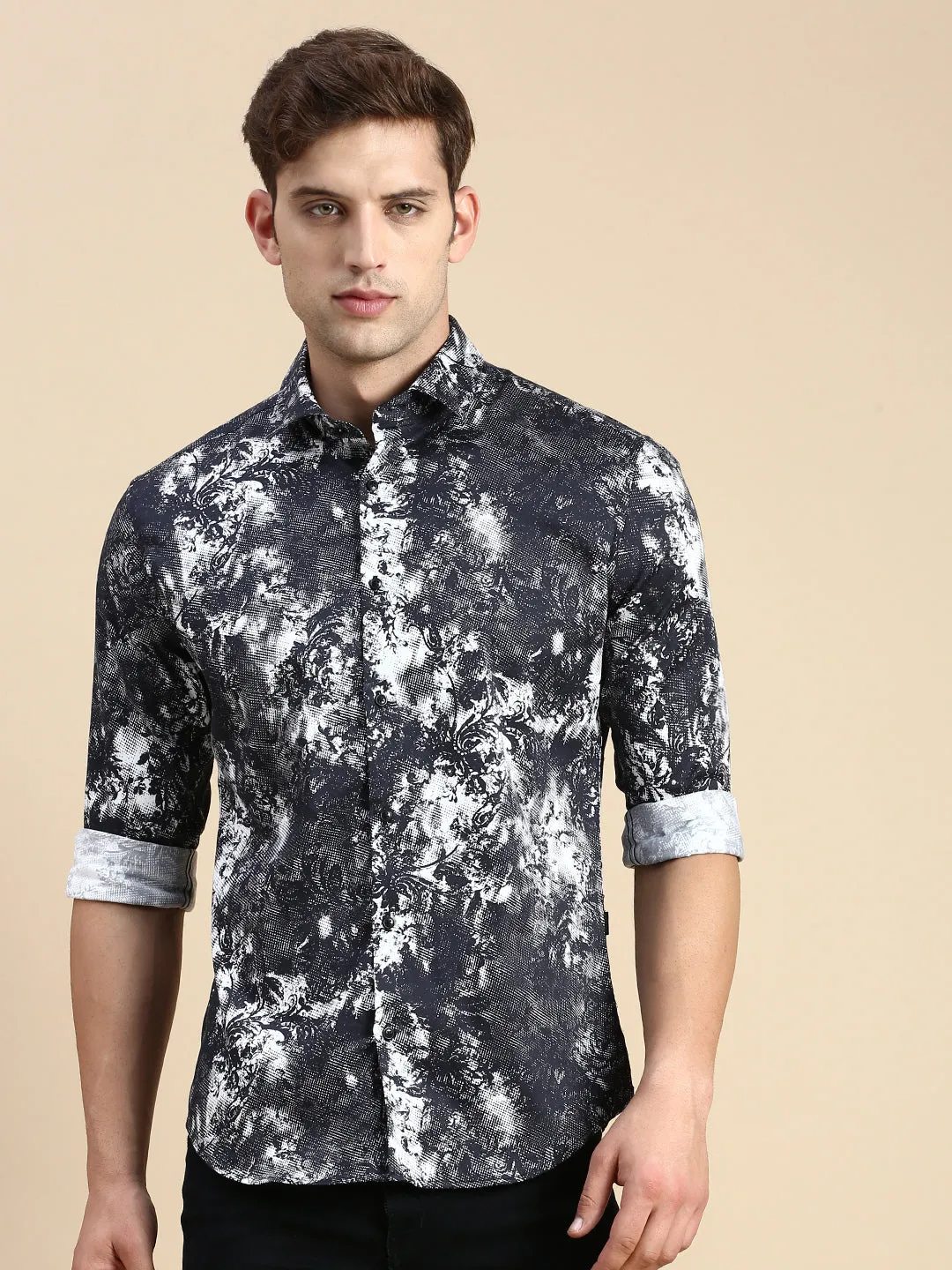 Men Black Comfort Slim Fit Floral Printed Cotton Casual Shirt