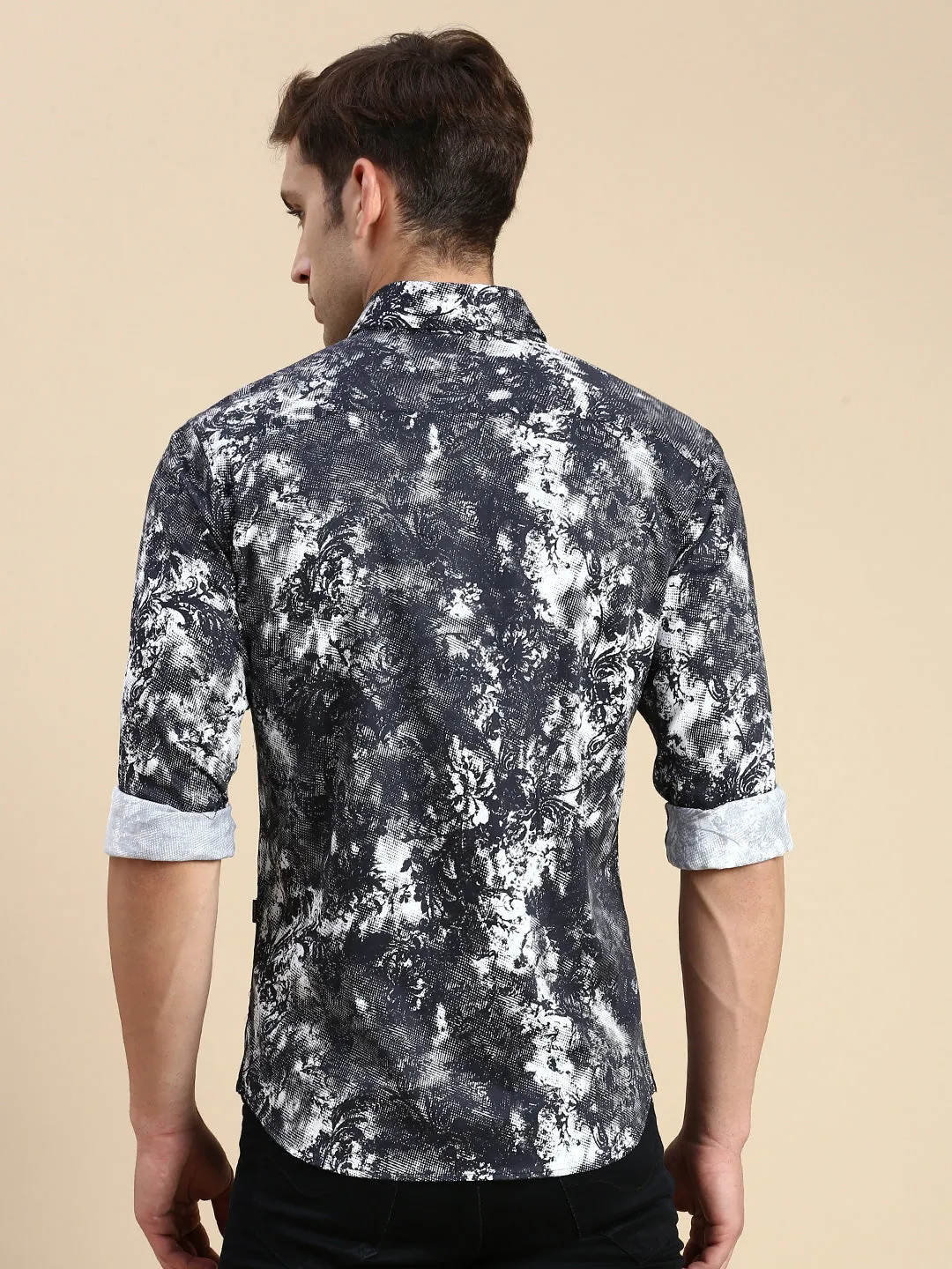 Men Black Comfort Slim Fit Floral Printed Cotton Casual Shirt