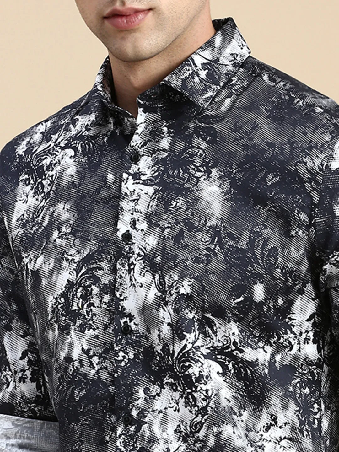 Men Black Comfort Slim Fit Floral Printed Cotton Casual Shirt