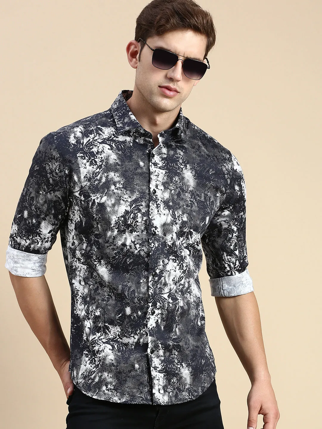Men Black Comfort Slim Fit Floral Printed Cotton Casual Shirt