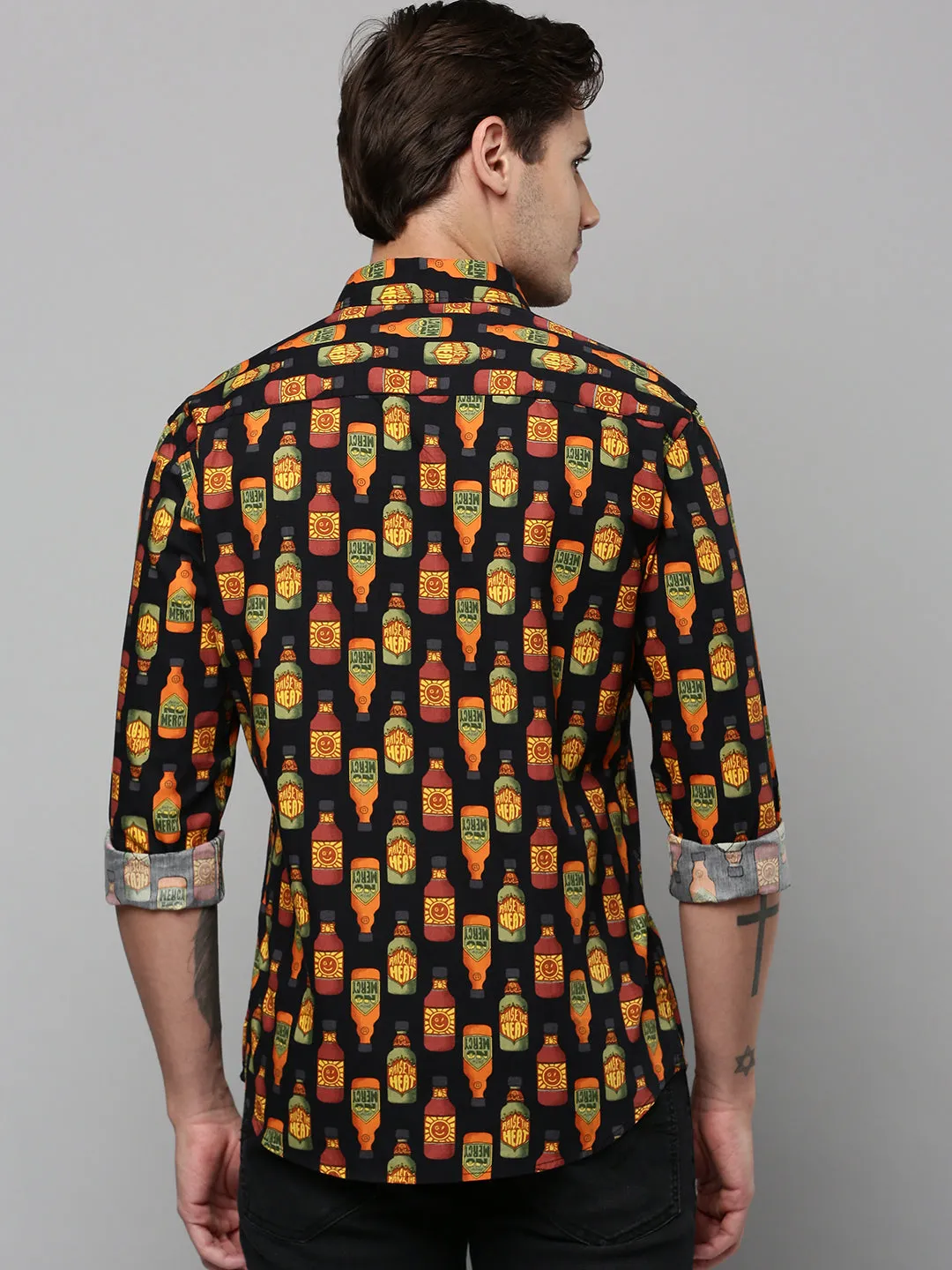 Men Black Conversational Printed Spread Collar Long Sleeves Comfort Cotton Casual Shirt