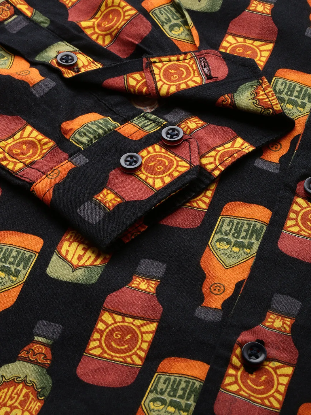 Men Black Conversational Printed Spread Collar Long Sleeves Comfort Cotton Casual Shirt
