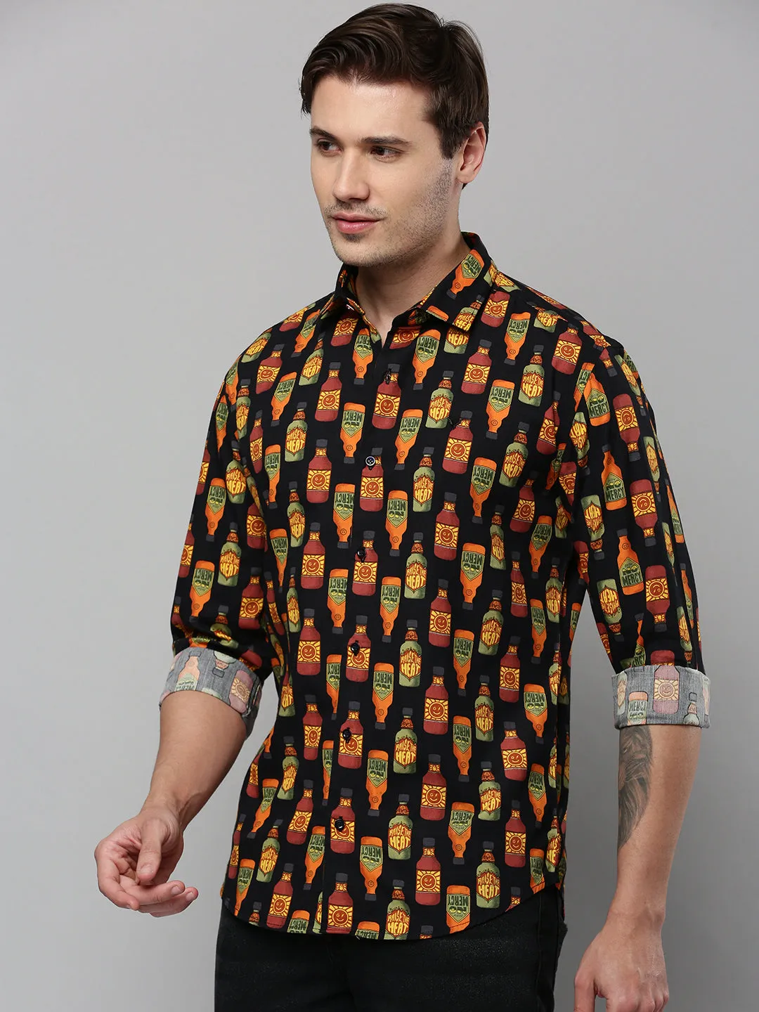 Men Black Conversational Printed Spread Collar Long Sleeves Comfort Cotton Casual Shirt
