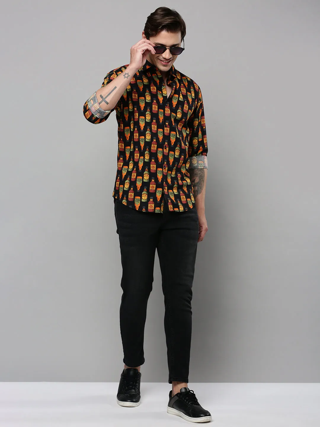 Men Black Conversational Printed Spread Collar Long Sleeves Comfort Cotton Casual Shirt