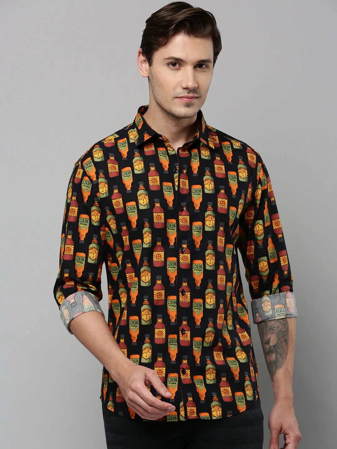 Men Black Conversational Printed Spread Collar Long Sleeves Comfort Cotton Casual Shirt