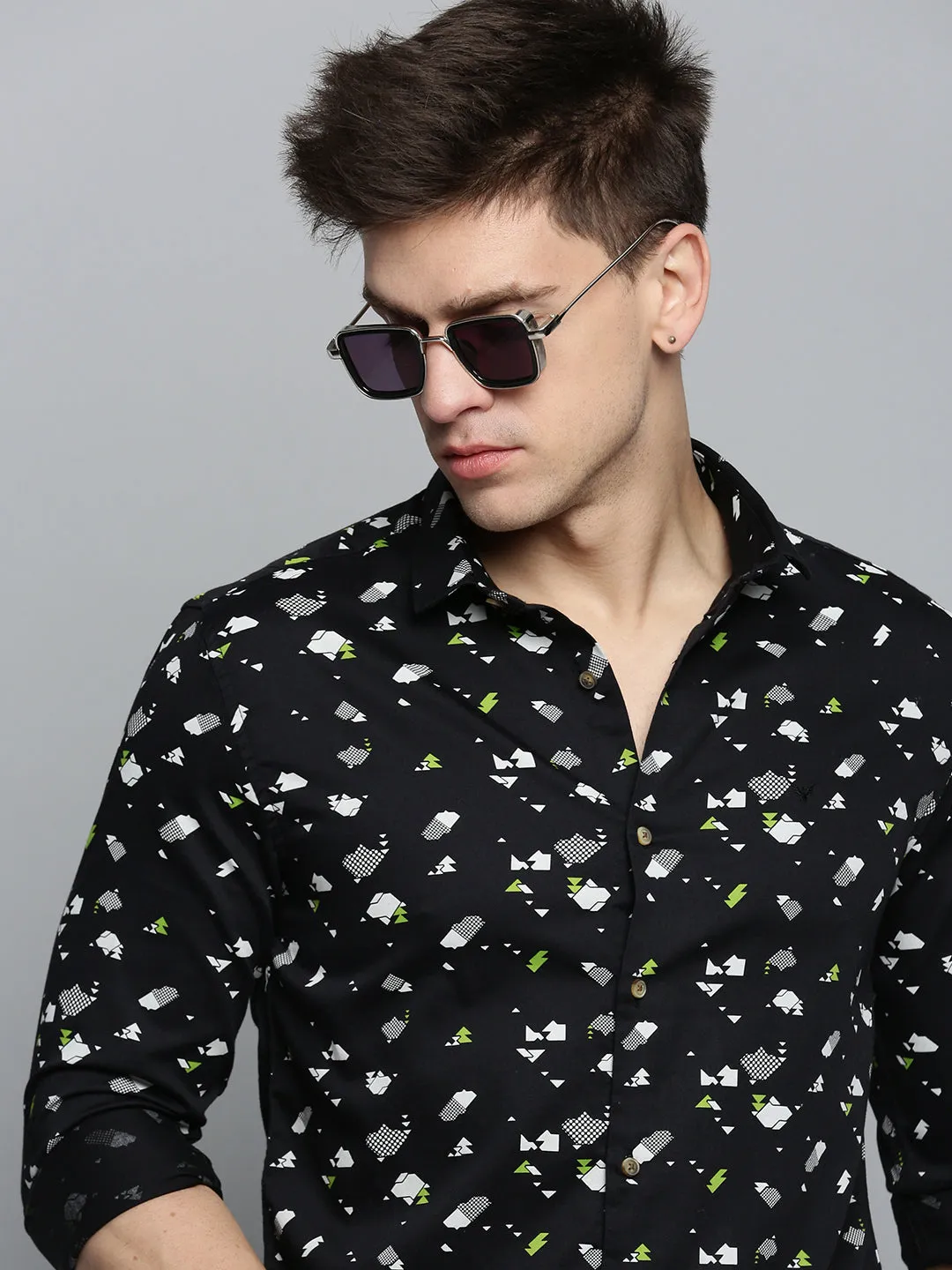 Men Black Cotton Printed Casual Shirt