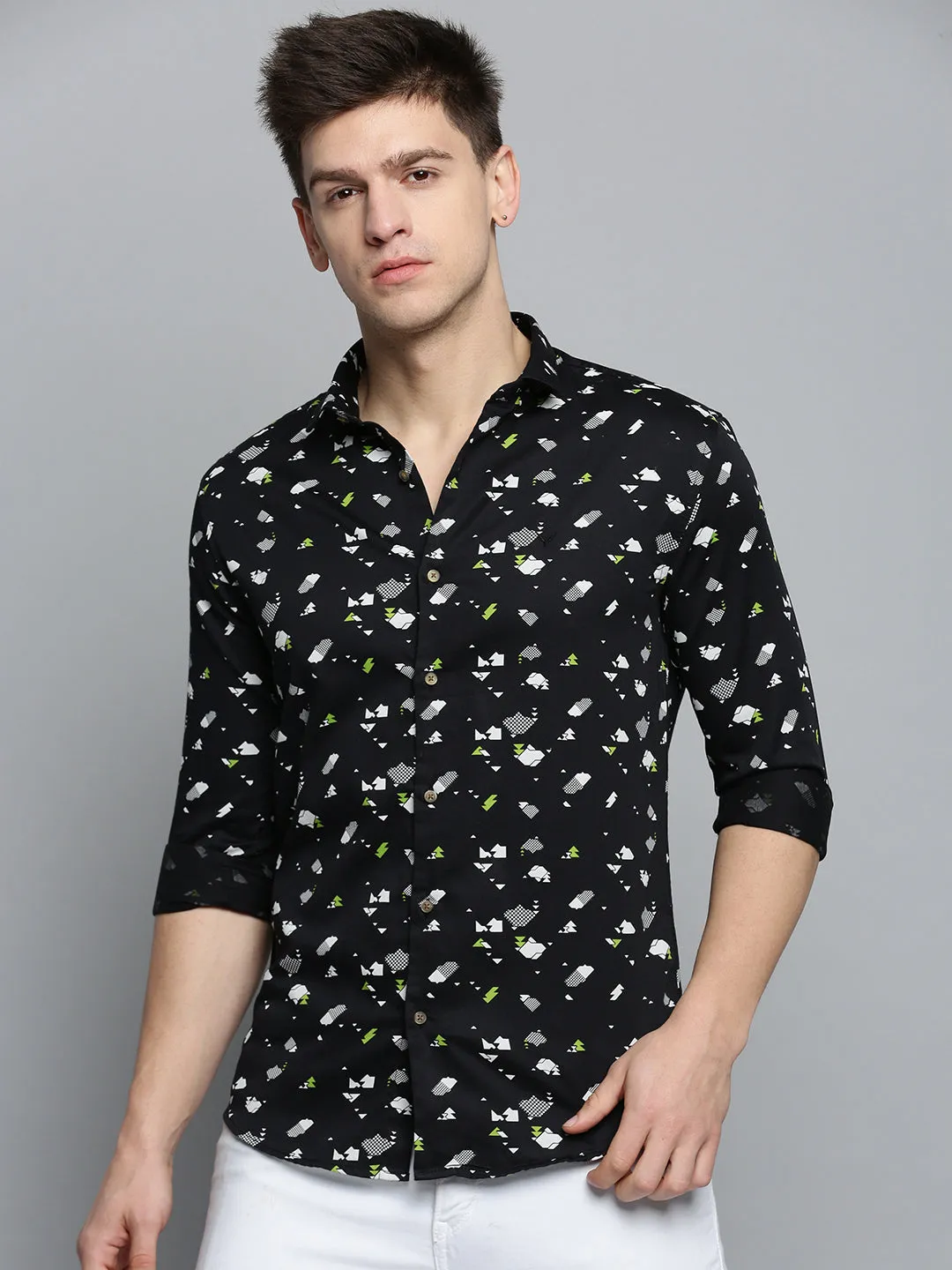 Men Black Cotton Printed Casual Shirt