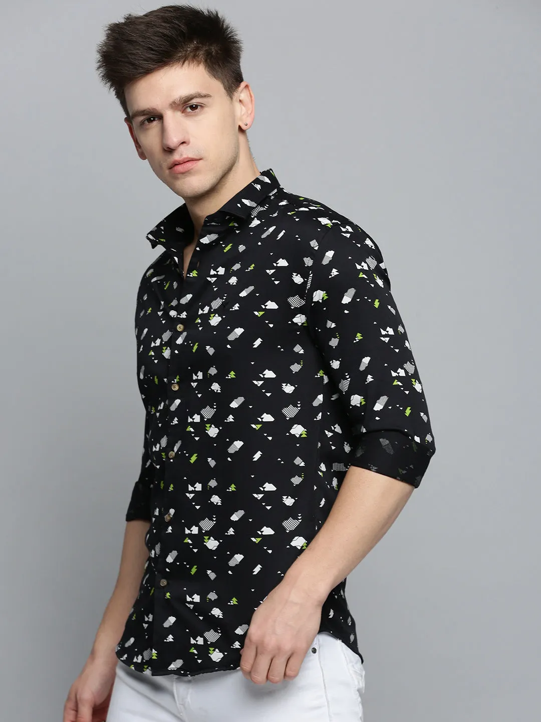 Men Black Cotton Printed Casual Shirt