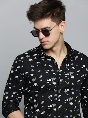 Men Black Cotton Printed Casual Shirt