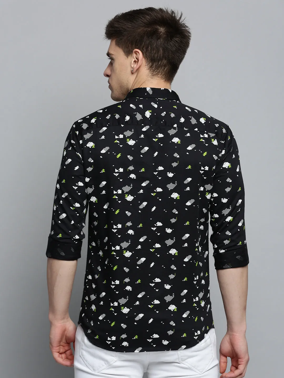 Men Black Cotton Printed Casual Shirt