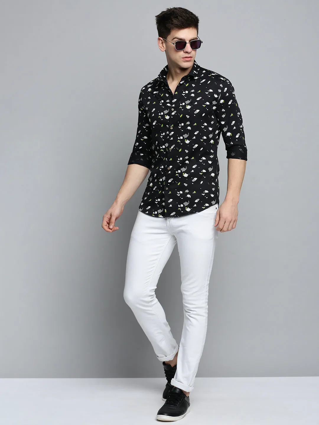 Men Black Cotton Printed Casual Shirt