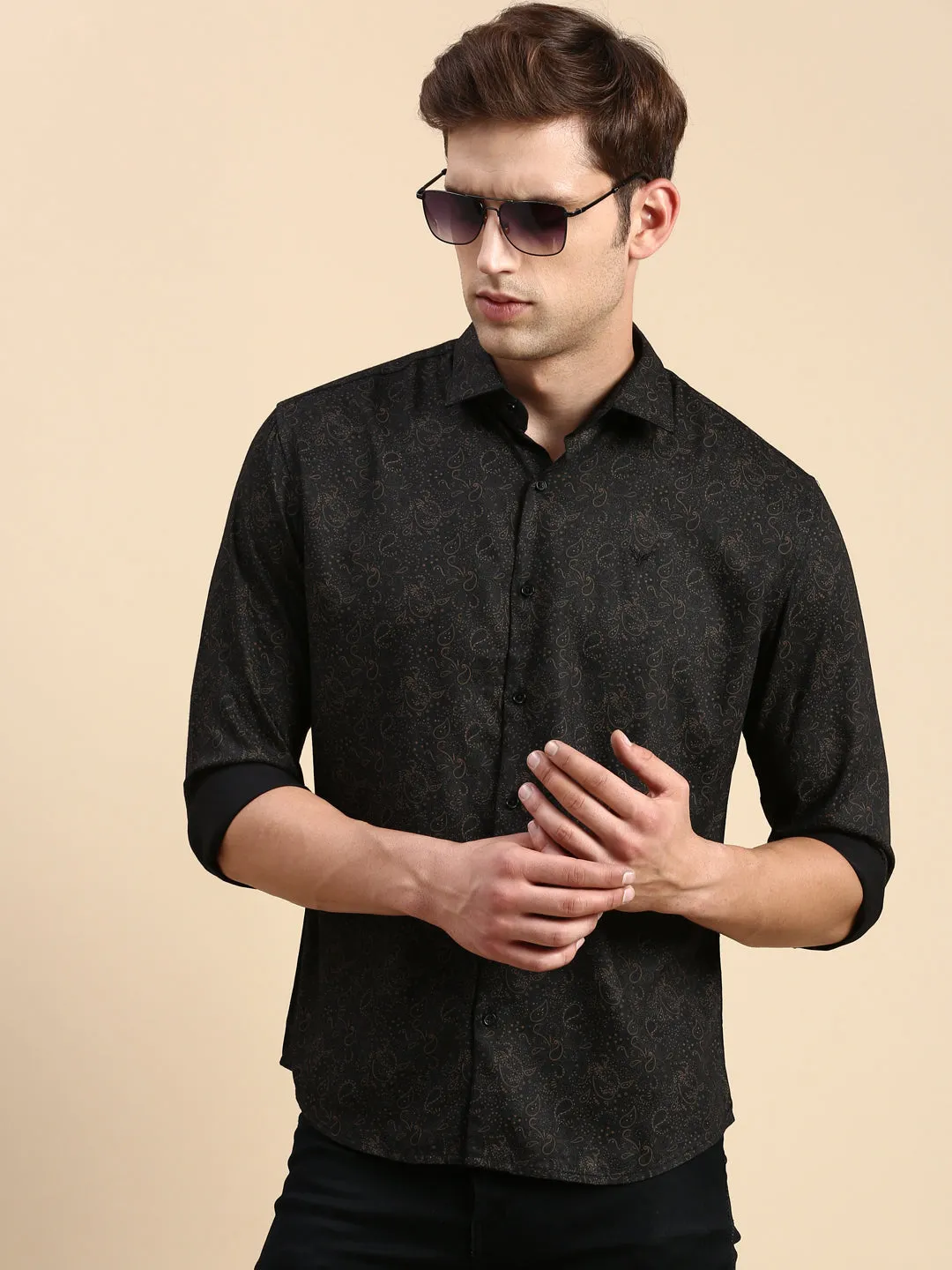Men Black Ethnic Motifs Printed Comfort Slim Fit Cotton Casual Shirt