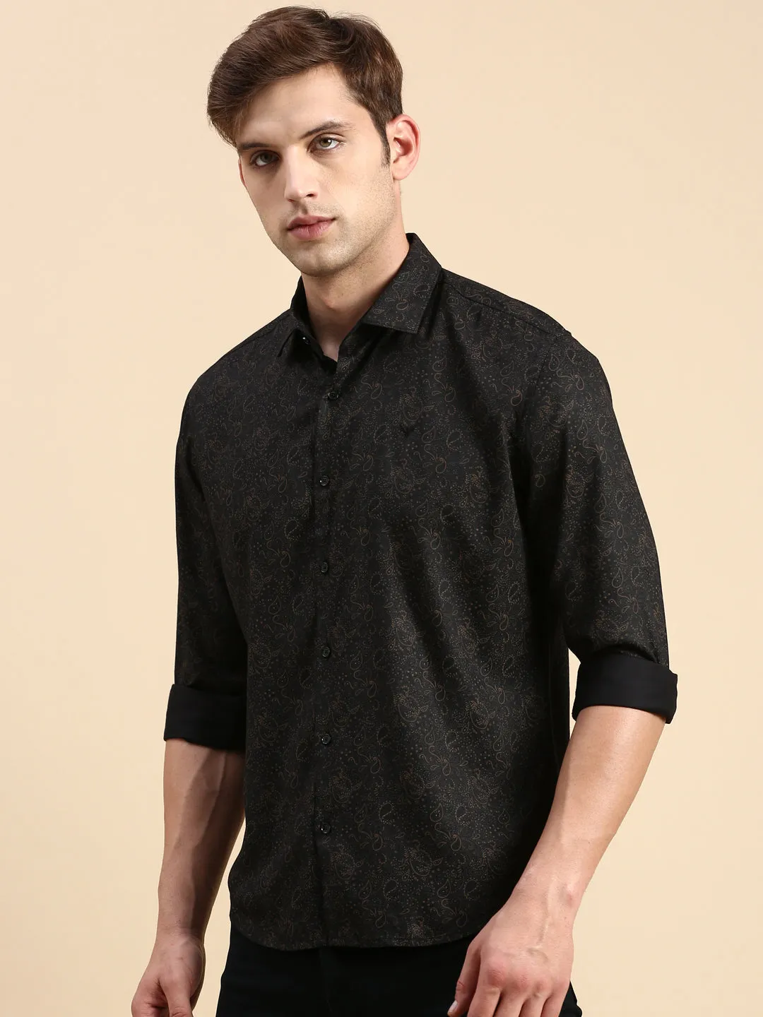 Men Black Ethnic Motifs Printed Comfort Slim Fit Cotton Casual Shirt
