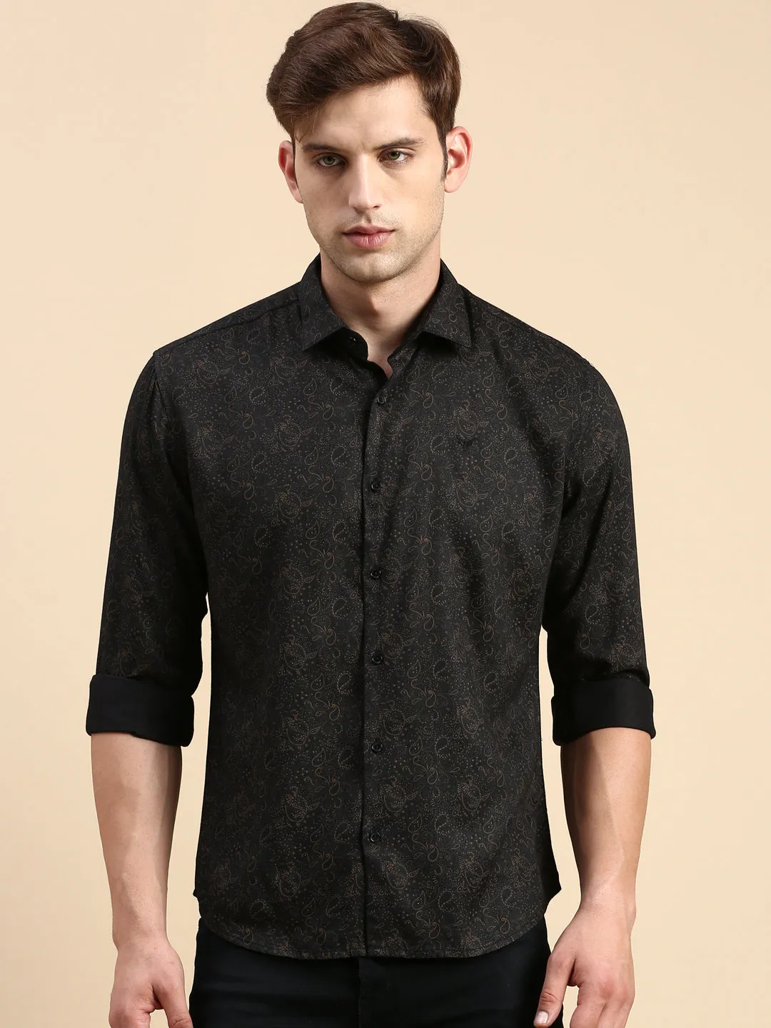 Men Black Ethnic Motifs Printed Comfort Slim Fit Cotton Casual Shirt