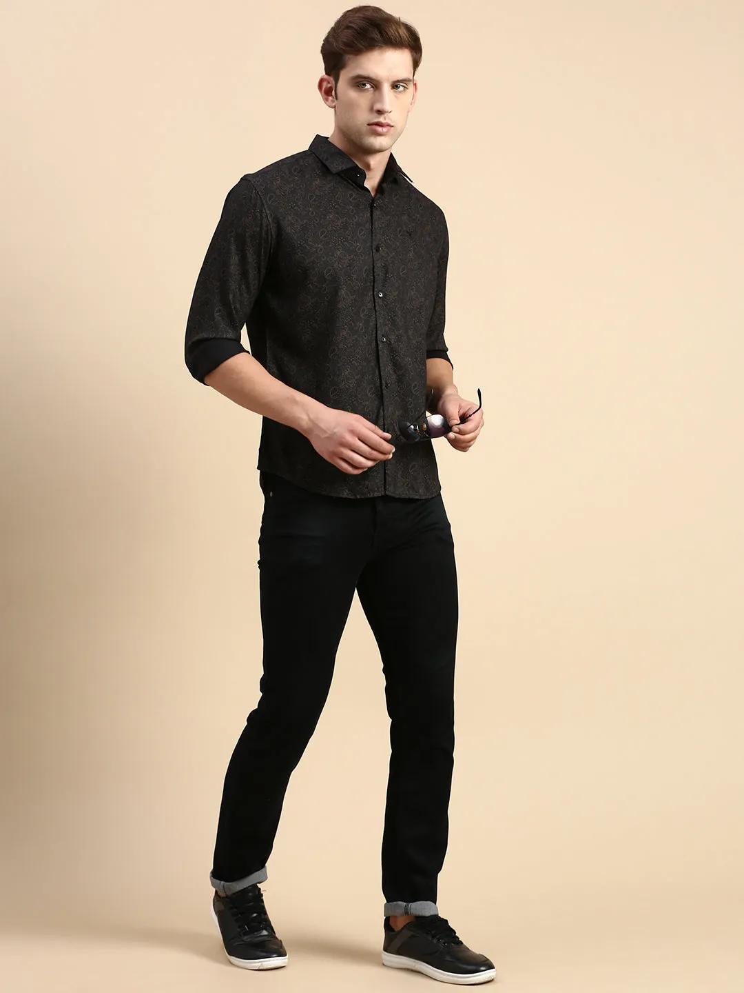 Men Black Ethnic Motifs Printed Comfort Slim Fit Cotton Casual Shirt