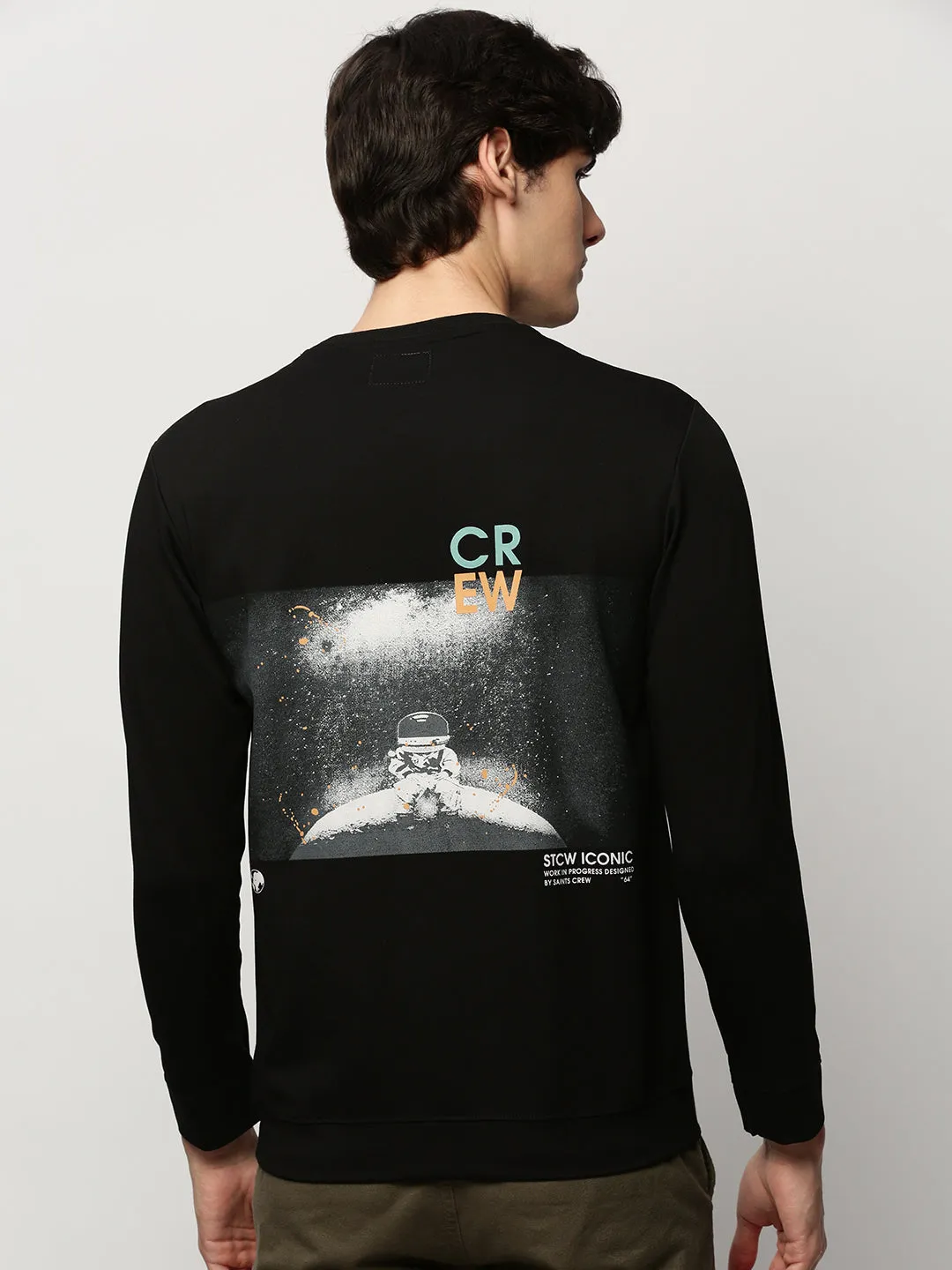 Men Black Graphic Printed Round Neck Pullover Cotton Sweatshirt