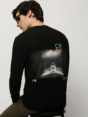 Men Black Graphic Printed Round Neck Pullover Cotton Sweatshirt