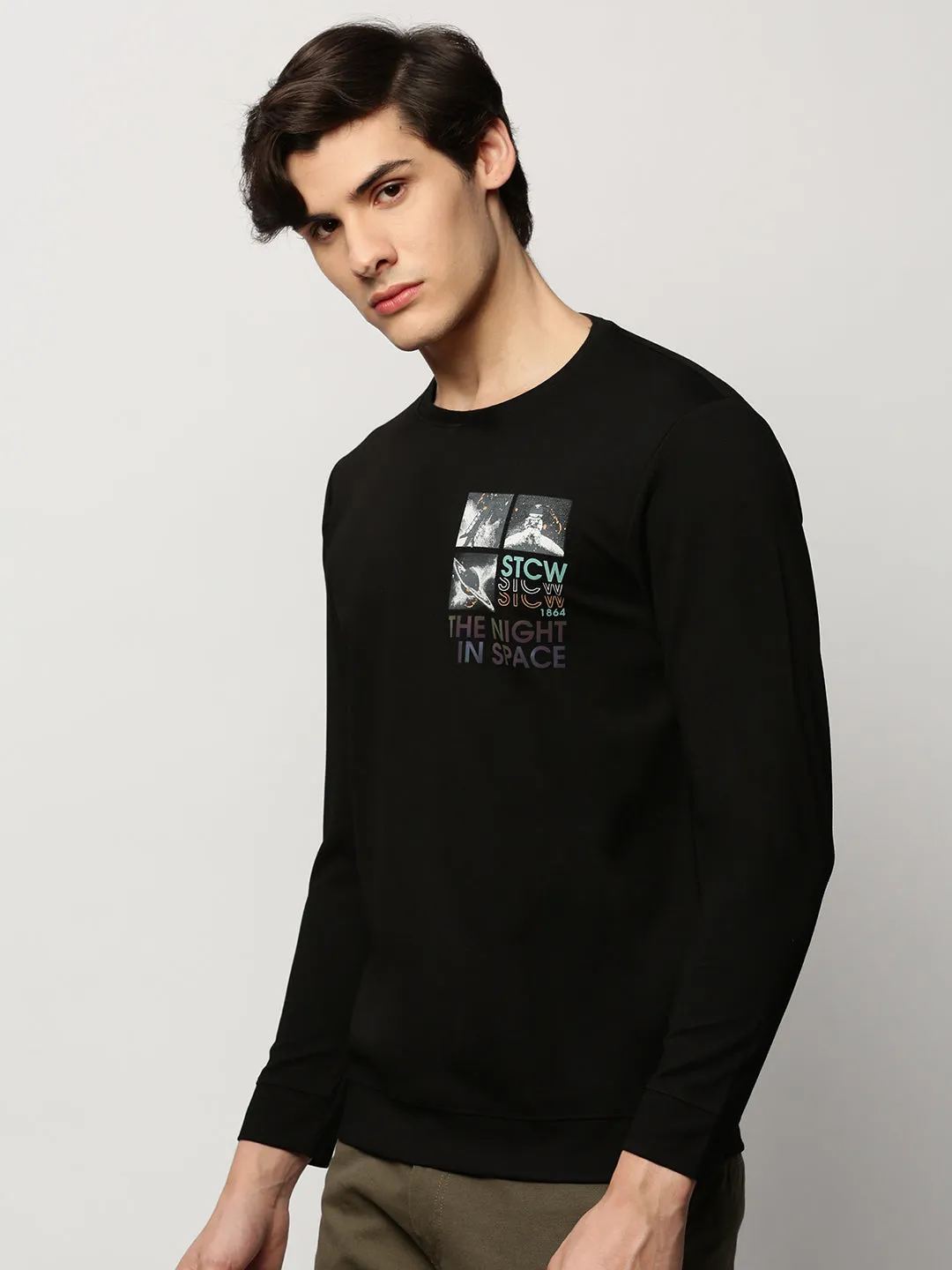 Men Black Graphic Printed Round Neck Pullover Cotton Sweatshirt