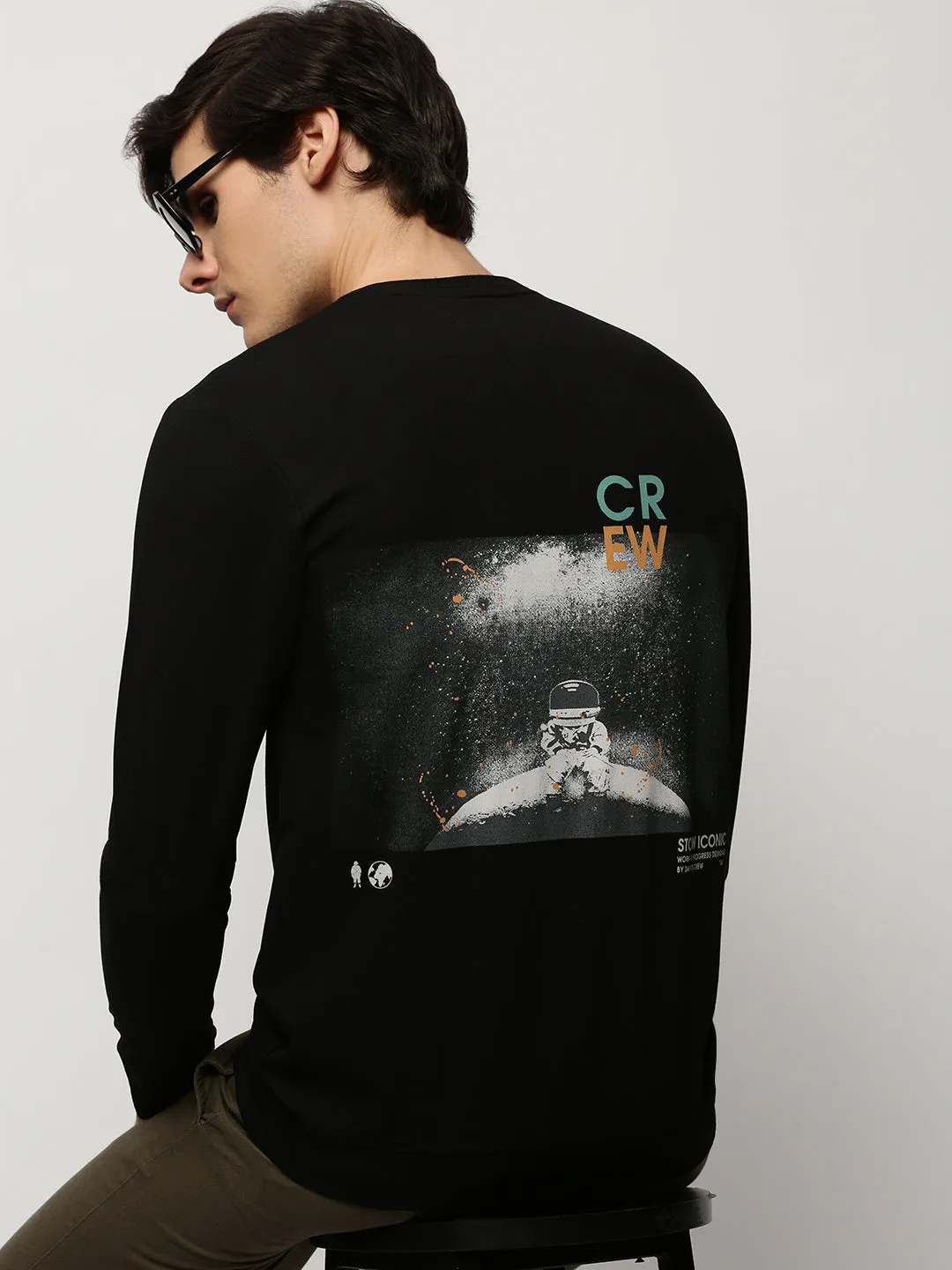 Men Black Graphic Printed Round Neck Pullover Cotton Sweatshirt