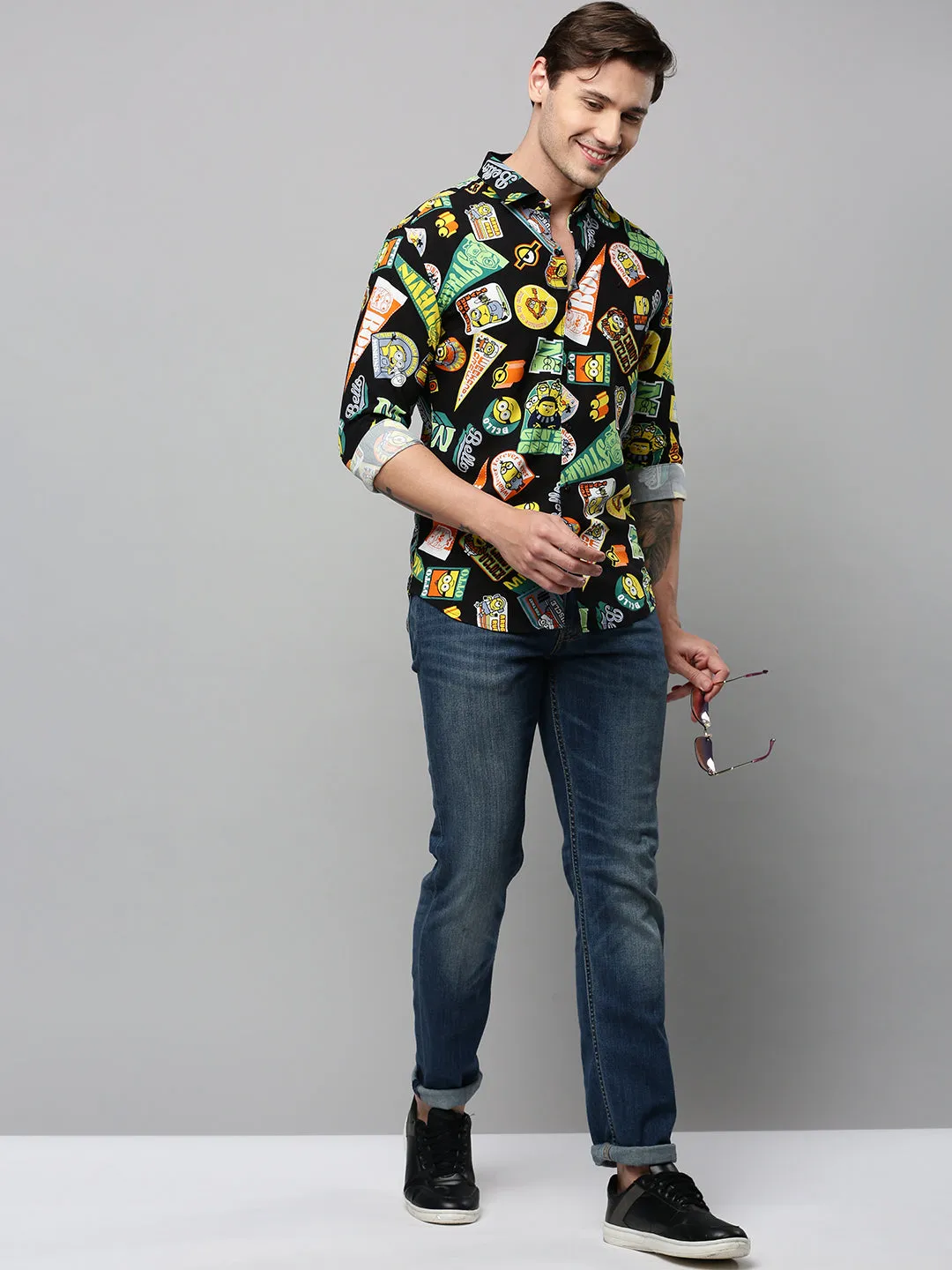 Men Black Graphic Printed Spread Collar Long Sleeves Comfort Cotton Casual Shirt