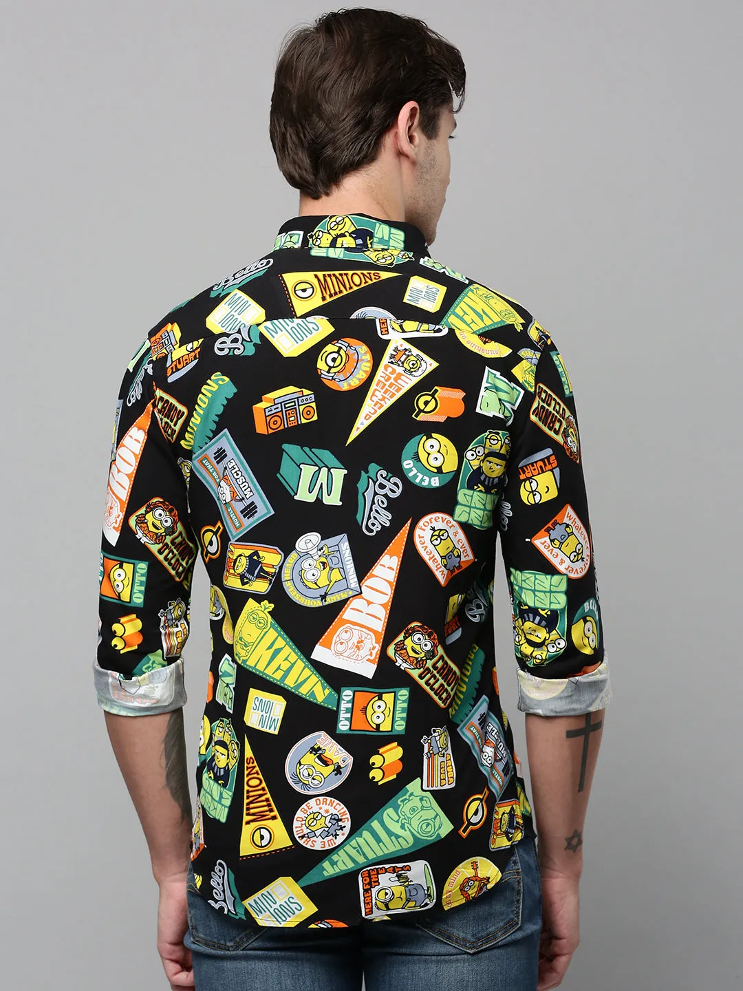 Men Black Graphic Printed Spread Collar Long Sleeves Comfort Cotton Casual Shirt