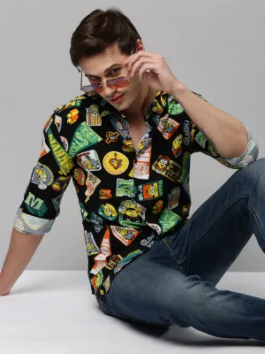 Men Black Graphic Printed Spread Collar Long Sleeves Comfort Cotton Casual Shirt