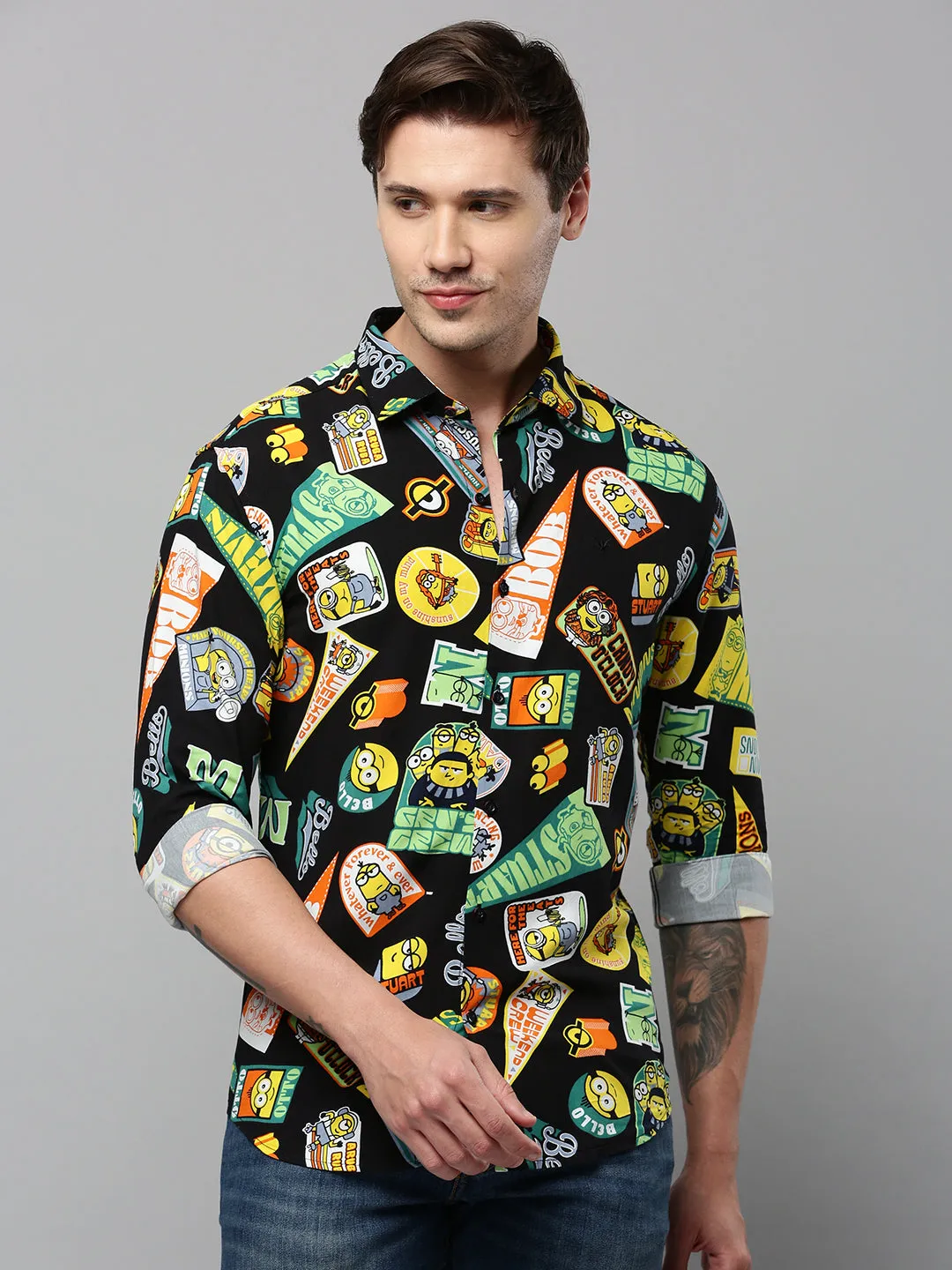 Men Black Graphic Printed Spread Collar Long Sleeves Comfort Cotton Casual Shirt