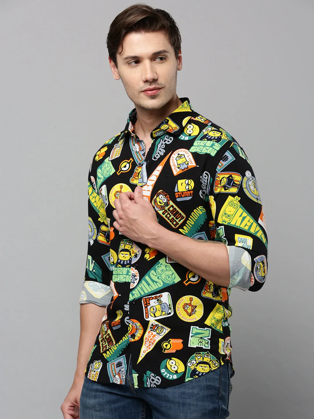 Men Black Graphic Printed Spread Collar Long Sleeves Comfort Cotton Casual Shirt