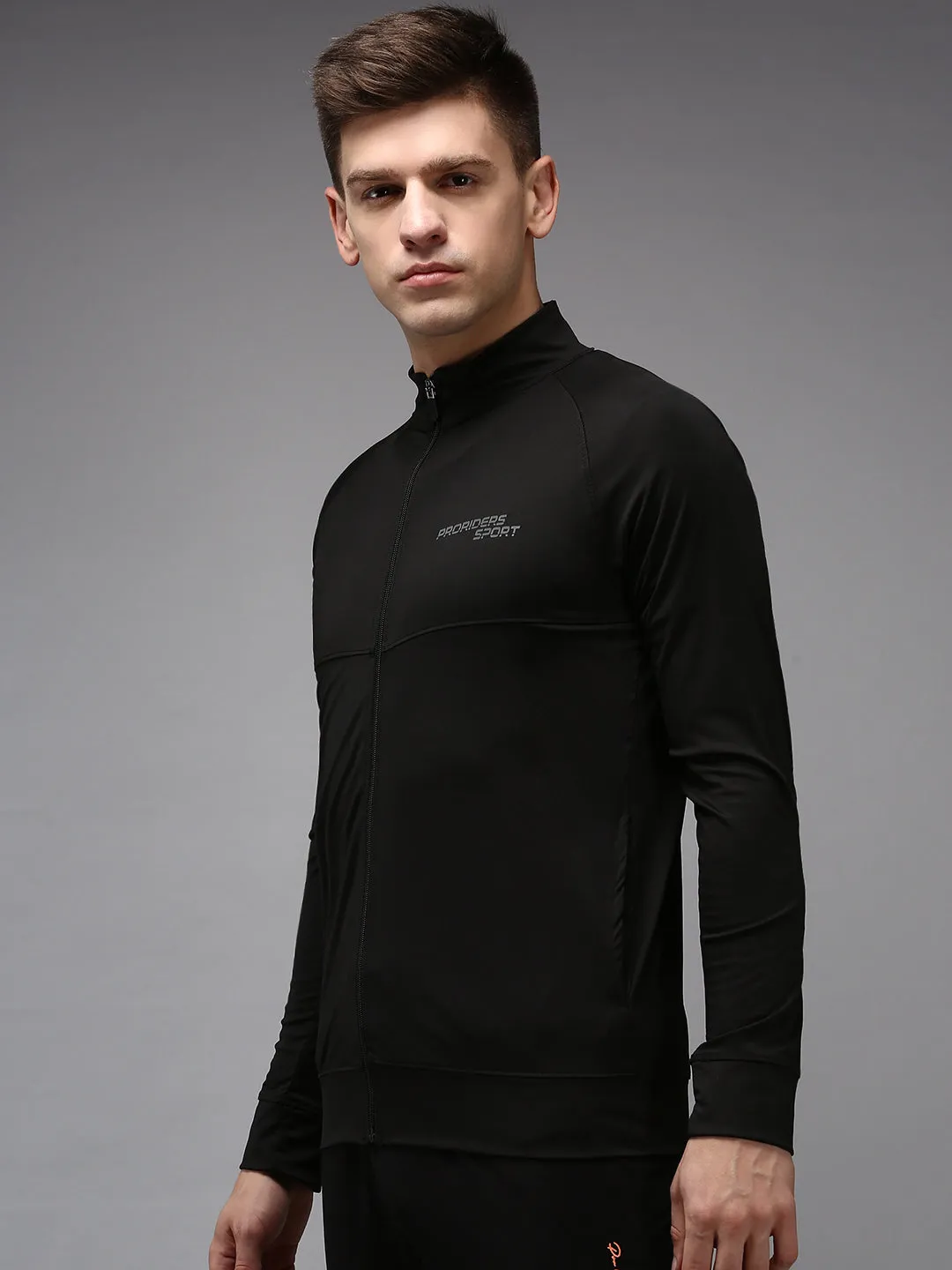 Men Black High Neck Front-Open Sweatshirt