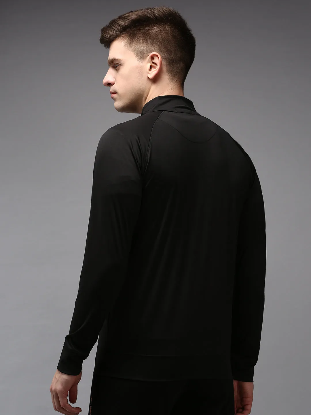 Men Black High Neck Front-Open Sweatshirt