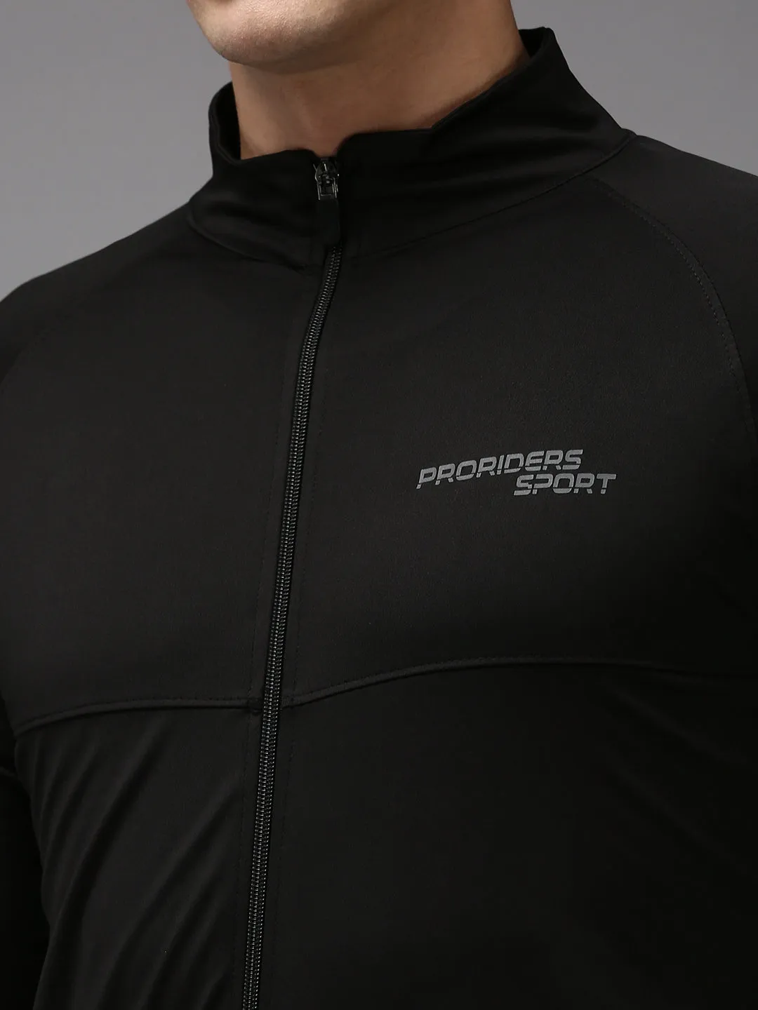 Men Black High Neck Front-Open Sweatshirt