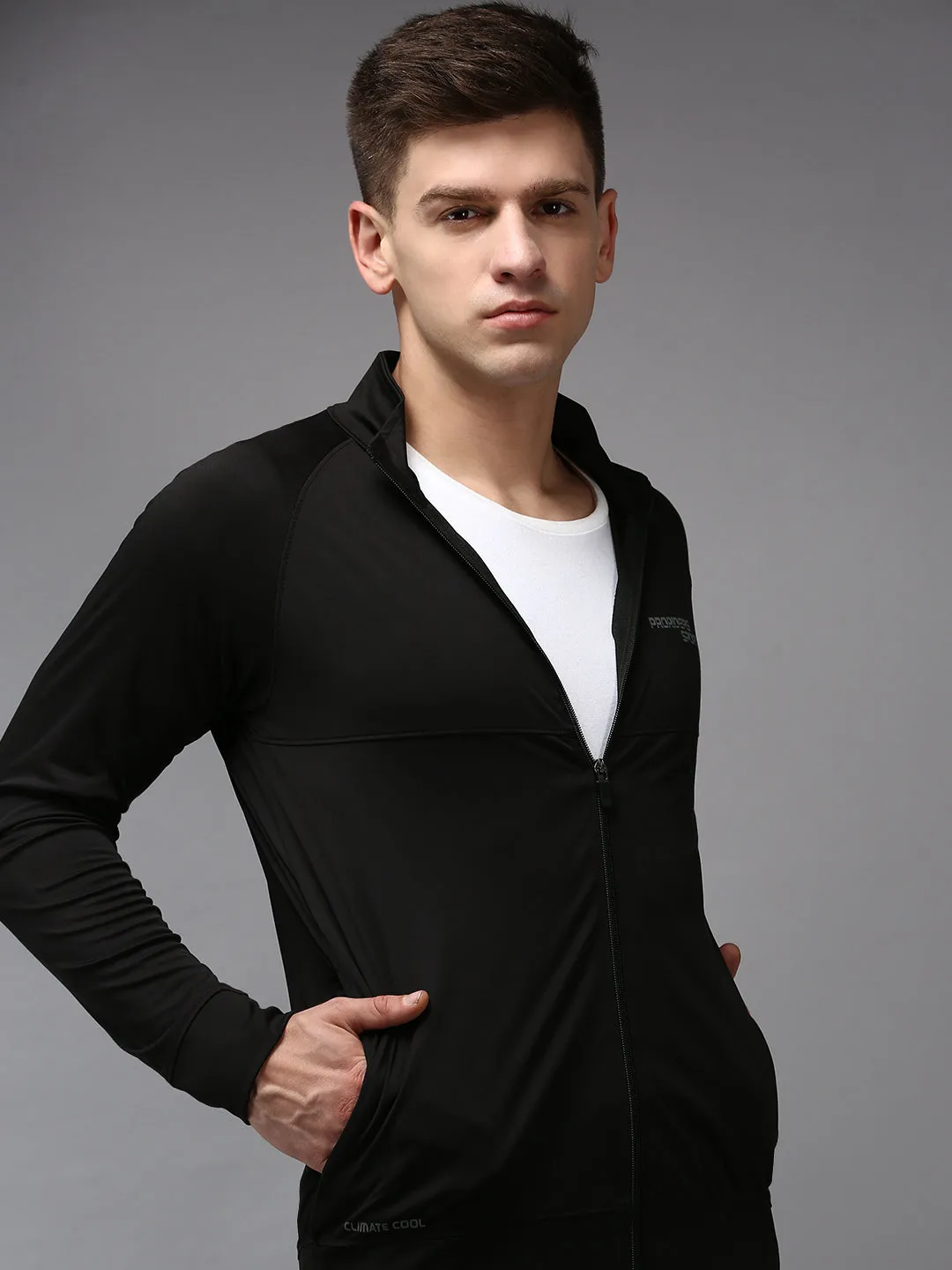 Men Black High Neck Front-Open Sweatshirt