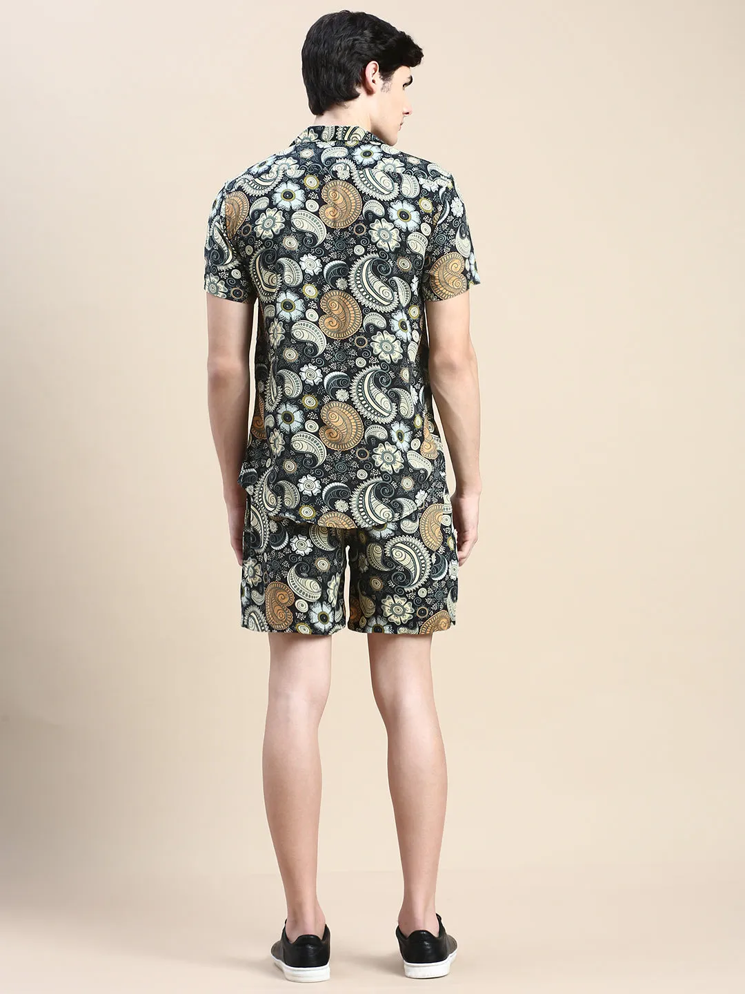Men Black Printed Co ord Set with Shorts