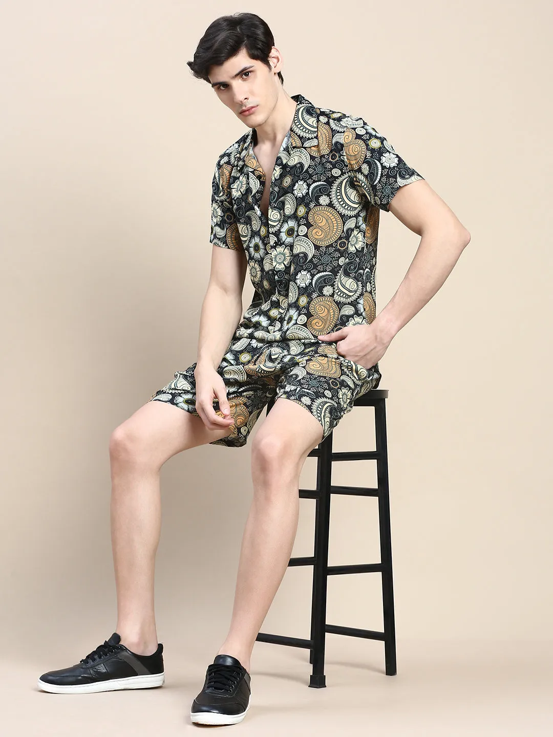 Men Black Printed Co ord Set with Shorts