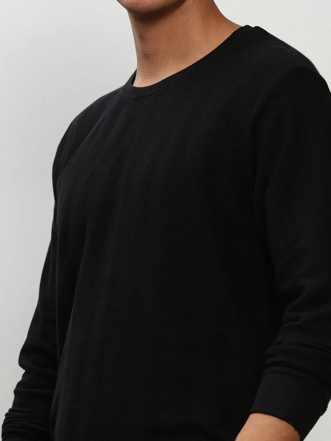 Men Black Round Neck Long Sleeves Cotton Pullover
