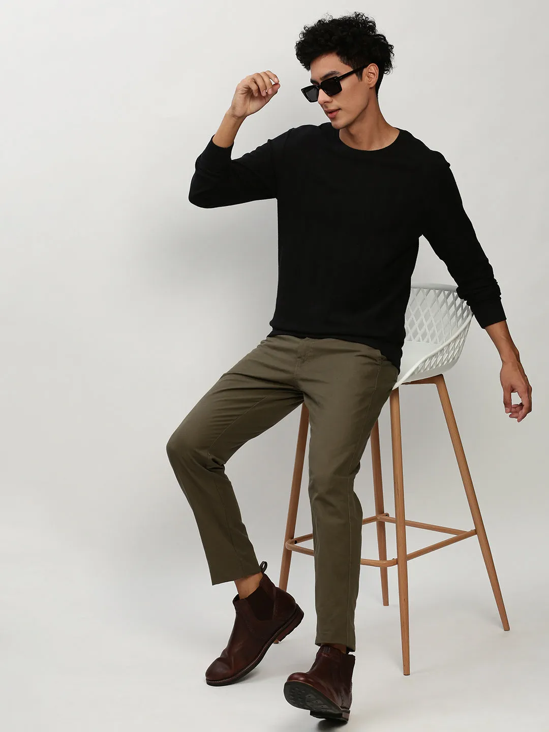 Men Black Round Neck Long Sleeves Cotton Pullover